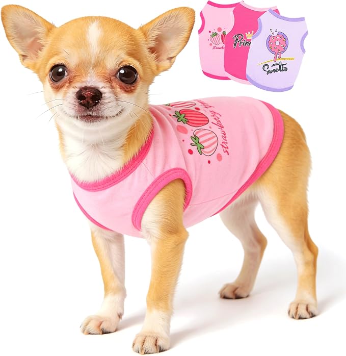 3 Pieces Chihuahua Clothes Dog Summer Shirts Dog Clothes for Small Dogs Girl Pink Cute Strawberry Donut Printed Soft Puppy Outfits Pet Tshirts XXS (Pink,Rose,Purple,XXSmall)