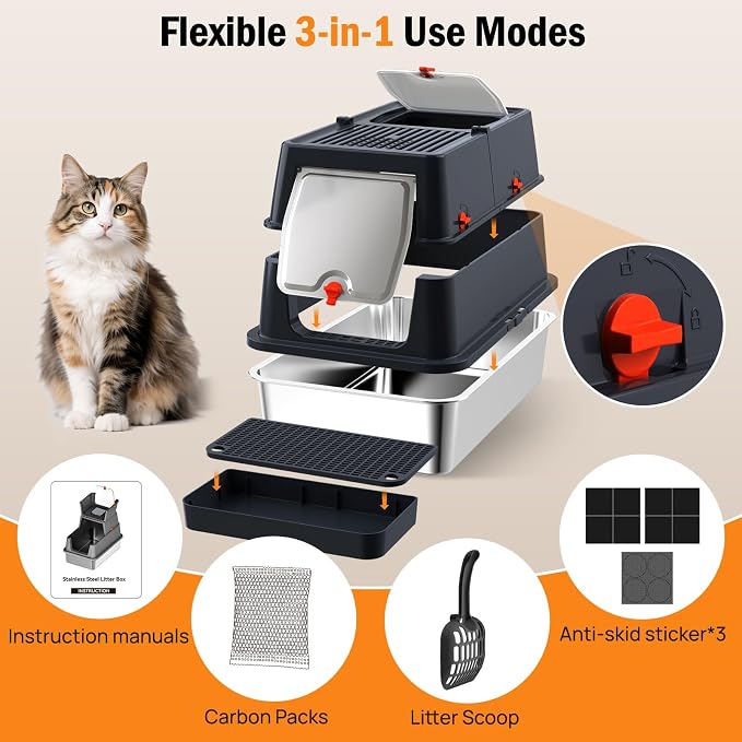 Stainless Steel Litter Box with Lid, Enclosed Metal Litter Box, Extra Large Kitty Litter Pan Covered with Scoop & Pedal, Odor Control, Odor Free, Front & Flip-Top Entry, Black
