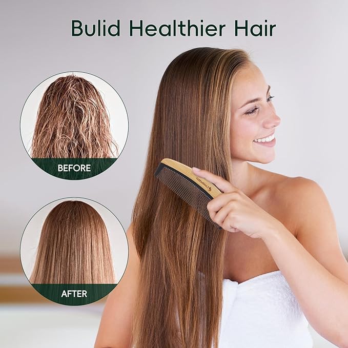 Combetter Bamboo Comb for Detangling, Anti Static Fine Tooth Comb for Thick, Thin, Fine, Short, Long Hair, Durable Bakelite Infused Hair Comb for Women - Birthing & Labor Tool