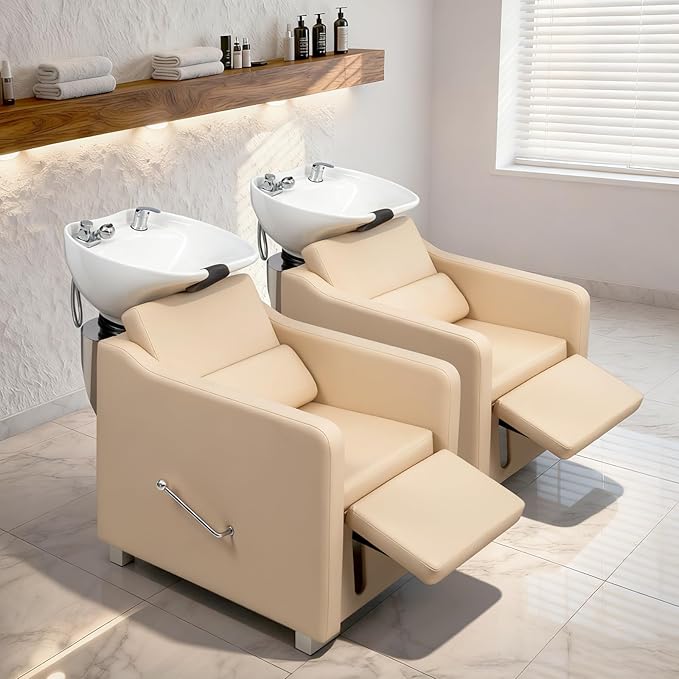 Winado Shampoo Backwash Barber Chair with Ceramic Hair Wash Bowl Sink, Adjustable Leg Baffle, Reclining Shampoo Station Chair for Barbershop Beauty Spa Massage Hairdressing Equipment, Beige