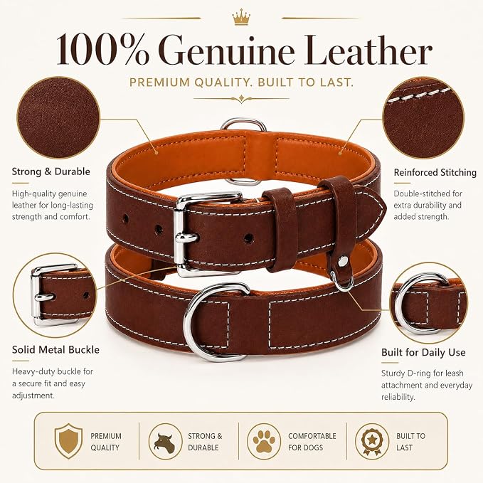 Genuine Leather Dog Collar, Soft Padded Leather Dog Collars with Airtag Holder Case for Small Medium Large X-Large Dogs,Comfort Heavy Duty Pet Collar with Durable Metal Buckle & D-Ring-Brown/L