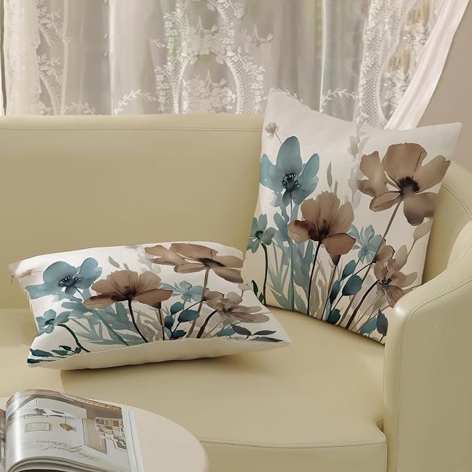 Spring Floral Pillow Covers 18x18 Inches Set of 2 Blue Brown Floral Throw Pillow Covers Outdoor Rustic Summer Flower Decoration Pillowcase Farmhouse Decorative Cushion Cover For Home Sofa Couch