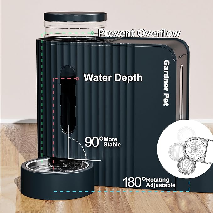 Gardner Pet Automatic Cat Feeder and Water Dispenser, 1.8 Gallons*2 Gravity Food Dispenser Set with Stainless Steel Bowls, Large Capacity for Multi Cats, Small Medium Puppies(Dark Blue)