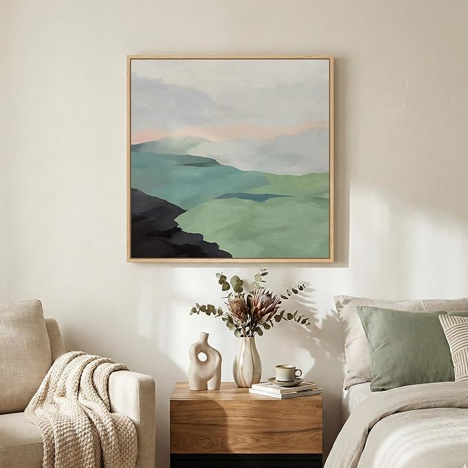 Framed Modern Neutral Green Landscape Abstract Wall Art, Square Minimalist Canvas Prints Paintings for Walls, Sage Green Nature Mountain Scene Pictures for Dining Bedroom Hallway Wall Decor 24x24 In