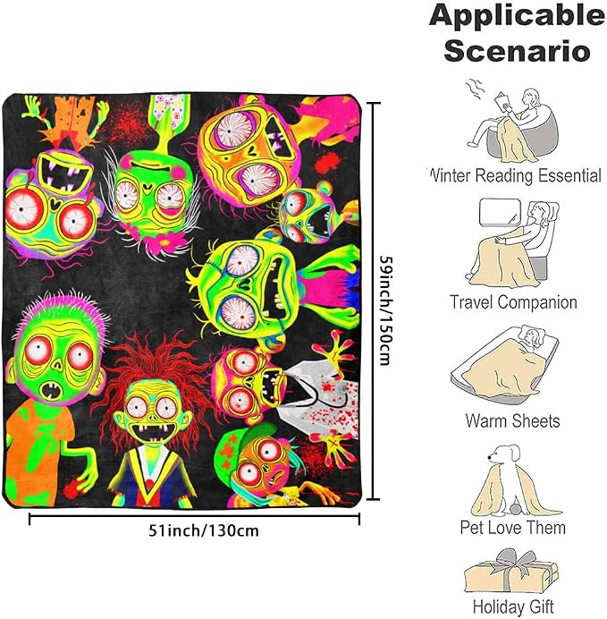 Blacklight Horror Scary Throw Blankets UV Reactive Funny Zombie Throw Blanket Glow in the Dark Under Black Lights Game Room Decor Soft Throw Gifts 59x51 Inches