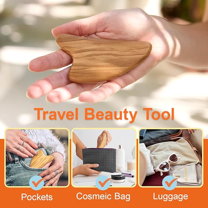 Olaemuo Gua Sha Facial Tools - Face Massager Tool for Lymphatic Drainage, Jawline Sculpting & Puffiness Reducing, Guasha Tool for Body Eyes Neck, Skin Care Gift with Pouch, Natural Olive Wood