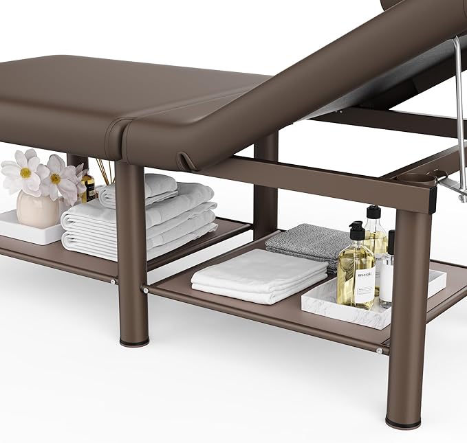 Folding Stationary Massage Table with Backrest and Storage Space for Treatment Table Physical Therapy Table Spa Facial Bed, 6 Round Legs Metal Frame PU Leather, 30.5'' Wide × 75'' Long - Brown