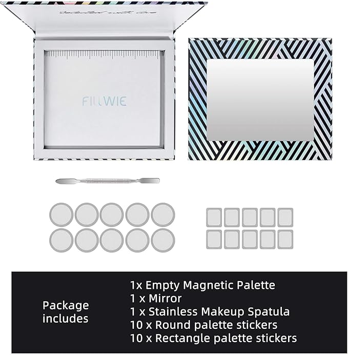 Empty Magnetic Makeup Palette with Mirror, Spatula, 20 Metal Stickers, Suitable for Eyeshadow Lipstick Blush Powder Highlighter and Contour, DIY Refillable, Holographic Stripes (Black, Medium)