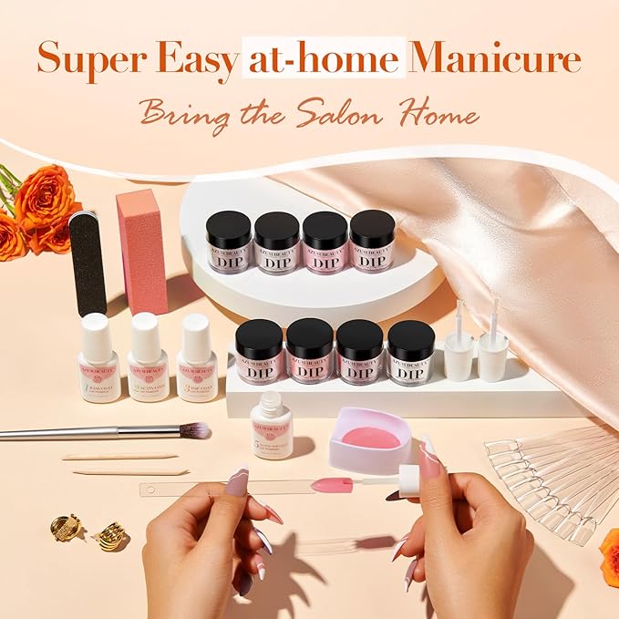 AZUREBEAUTY 30Pcs Dip Powder Nail Kit Starter with Nail Sticks, Nude Skin Tones Neutral Pink 8 Colors Dipping Liquid Set Matte Top Coat for Nail Art Manicure Salon DIY Home