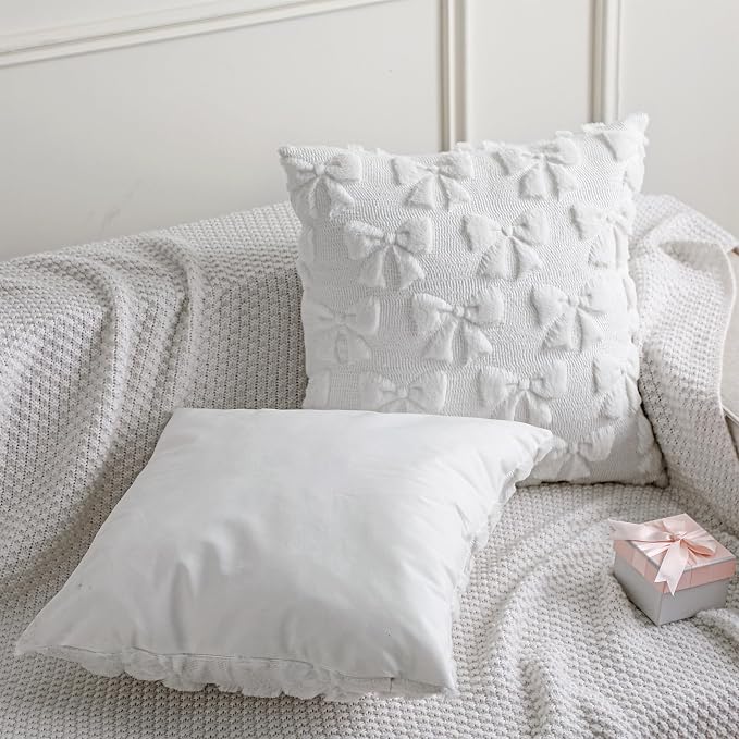 Mixweer Cream White Bow Pillow Covers Set of 2 Preppy Room Decor Coquette Cute Spring Summer Decorative Faux Fur Soft Bowknot Stuff Fluffy Plush Aesthetic Pillowcase for Bed Sofa Couch (20 x 20 Inch)