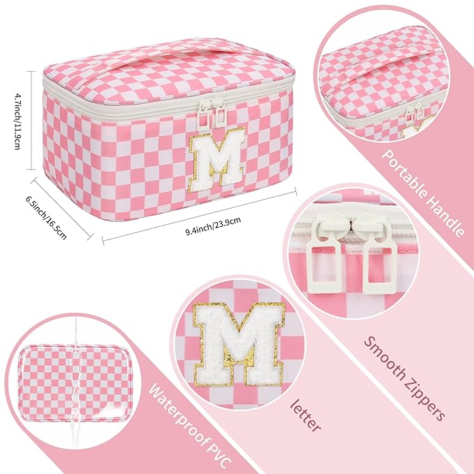 OCHEAL Makeup Bag Valentines Day Gifts for Women, Monogram Cosmetic Bag Pink Travel Makeup Case Beauty Toiletry Bag Organizer Personalized Gifts for Girls Bridesmaid, Sister, Wife, Friends Initial M