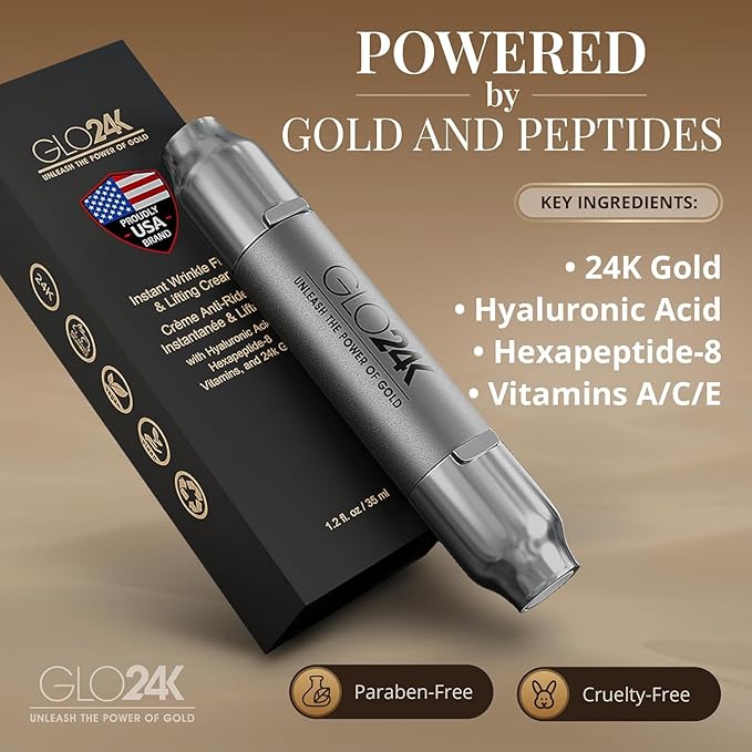 GLO24K Instant Wrinkle Filler for Face, XL Lifting Cream for Eye and Face, Lift and Tightening Non-Invasive with Hyaluronic Acid, 24k Gold, Peptides and Vitamins for Youthful Appearance, 1.2 fl oz (2)