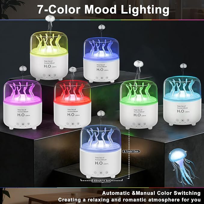 Morbou Essential Oil Diffuser with Jellyfish Spray & Sea Anemone Rotation, 280ml Ultrasonic Aromatherapy Machine,7-Color LED Night Light Quiet Mist for Bedroom, Remote Control (White)