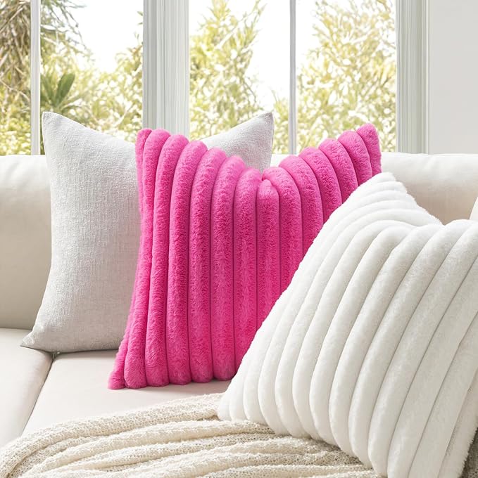 MIULEE Faux Fur Decorative Throw Pillow Covers 20x20 Set of 2 Hot Pink | Retro Vintage Boho Soft Plush Couch Pillows, Cozy Fluffy Cushion Covers for Sofa Bed Living Room Home Decor