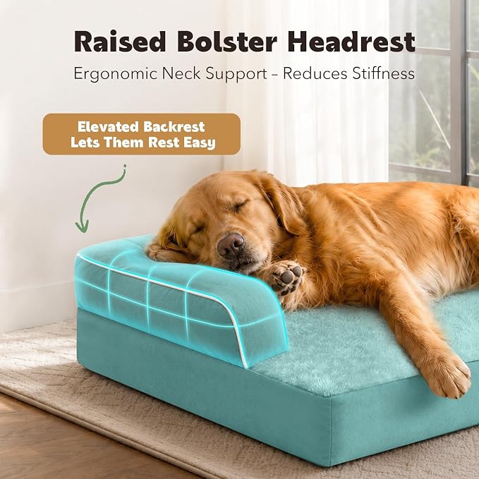 Orthopedic Waterproof Jumbo Dog Bed with Bolster for Extra Large Dogs | Pillow Support for Neck Relief, Egg Crate Foam, Waterproof Liner, Anti-Slip Bottom, Removable Bolster Cover, 53 x 42 Inch