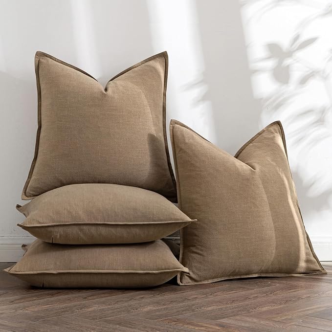 MIULEE Khaki Boho Linen Decorative Pillow Covers 20x20 Inch Pack of 4 | Natural Throw Pillow Covers, Soft Farmhouse Couch Pillowcases, Modern Home Decors for Living Room Bed Sofa
