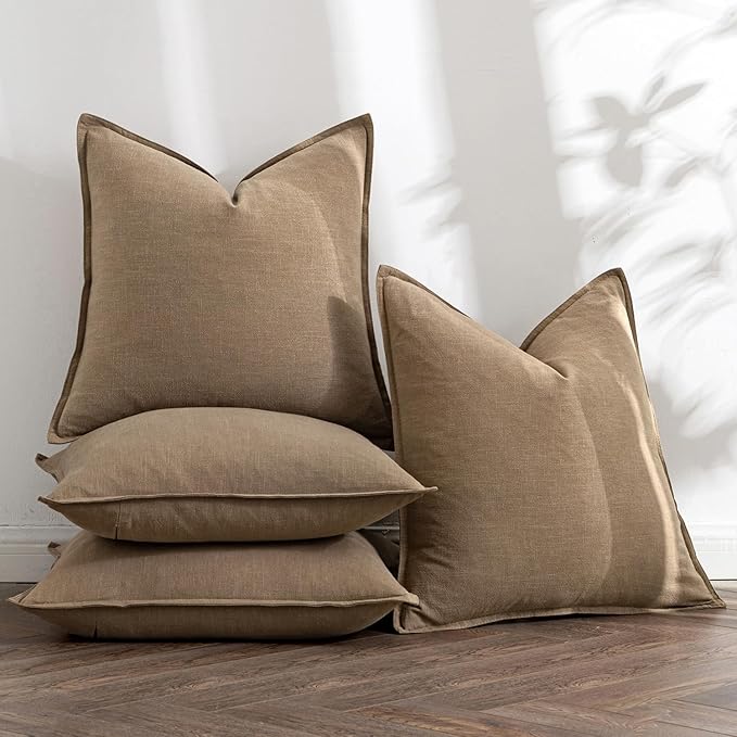 MIULEE Khaki Boho Linen Decorative Pillow Covers 24x24 Inch Pack of 4 | Natural Throw Pillow Covers, Soft Farmhouse Couch Pillowcases, Modern Home Decors for Living Room Bed Sofa