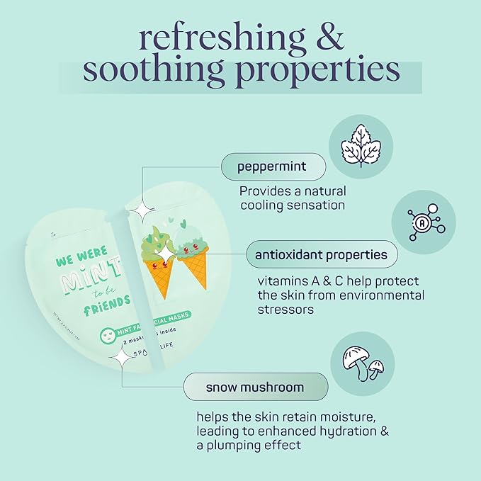 SpaLife Valentines Duo Mint Facial Masks Set 2-pack | Hydrating, Soothing, and Moisturizing with Natural Mint Scent | Valentines Facial Sheet Mask Skin Care Gift | Perfect Valentine Gift Set