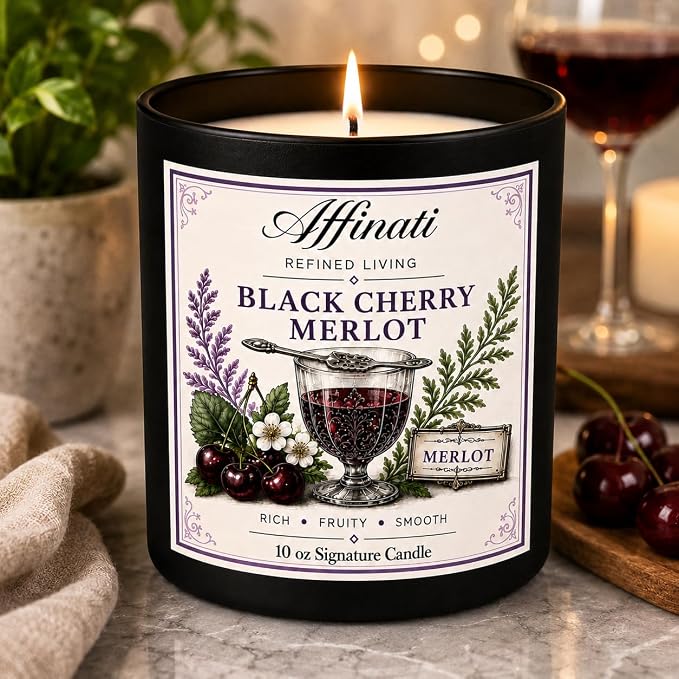 Affinati Black Cherry Merlot 10 oz Scented Candle – Long Lasting Luxury Soy Blend Candle for Home, Strong Scent Throw Deep Rich Fruit Wine Candle, Premium Clean Burning Elegant Gift for Women