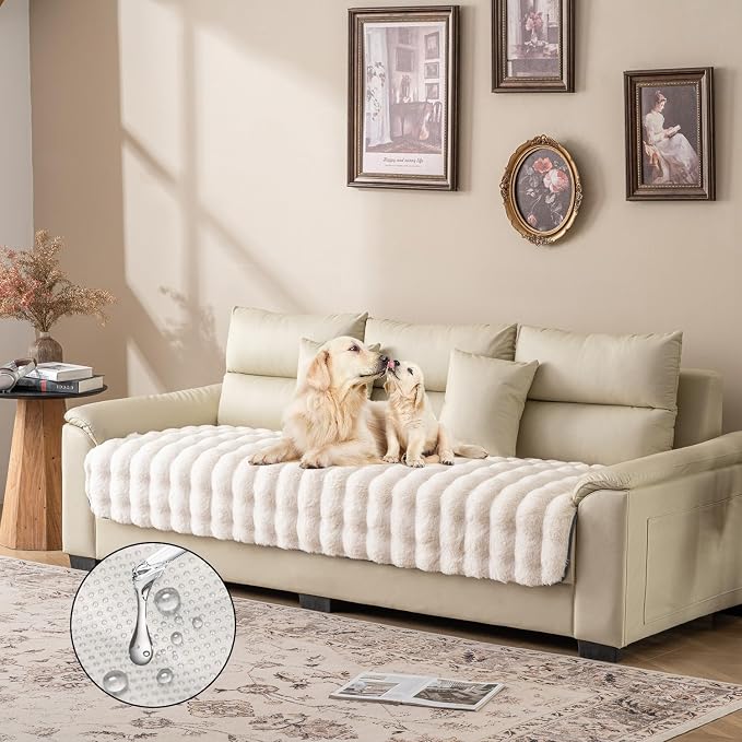 Dogs/Cats Bed Mats, Dog Pad Washable Removable Couch Cover with Anti-Slip Back, Plush Long Fur Mat, Perfect for Small, Medium and Large Dogs.(White-Bubble, 30"x80")