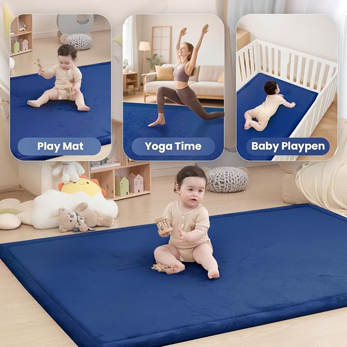 Ultra Soft Baby Play Mat for Floor, 1.3" Thick Elasti-Foam 59x59 Play Mat for Playpen,Water-Repellent Coral Velvet for Tummy Time, Non-Slip Backing,Safe for Toddlers & Infants（Dark Blue）