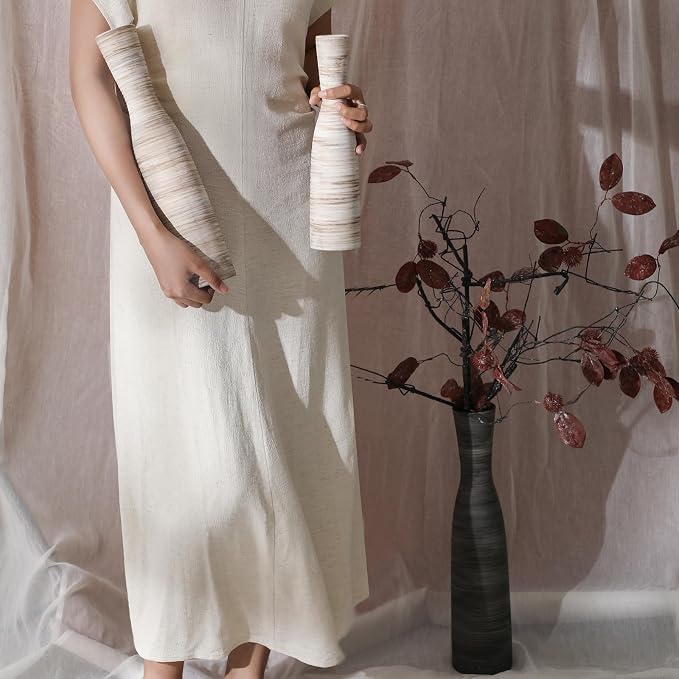 ALMA 13" Small Skinny Ceramic Vase, Thin Boho Flower Vase for Table Decor | White & Brown Modern Vase Home Decor, Perfect for Living Room,Coastal Bedroom and Tabletop Styling, Giftable Small Vase
