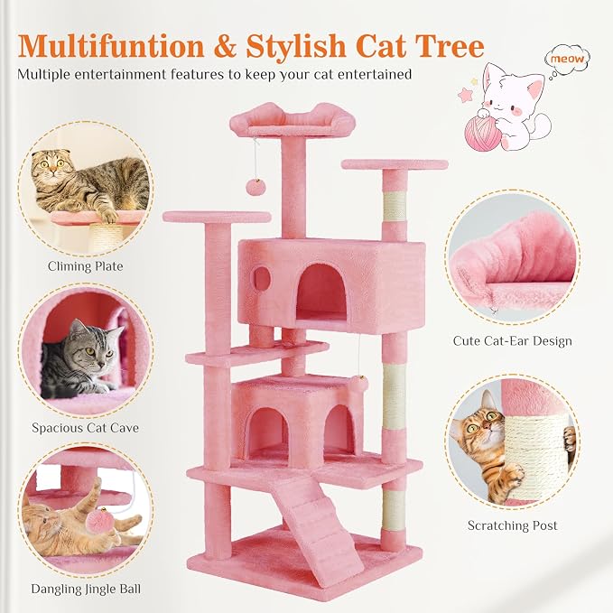 Sweetcrispy 54-inch Cat Tree Tower with Scratching Posts, Indoor Use | Multi-Level Indoor Cat Tree Condo with Climbing Ladder, Plush Toy, Play House for Kitten, Pink