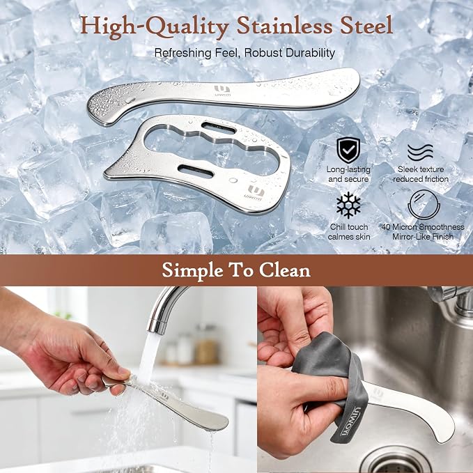 304 Stainless Steel Gua Sha Tools Set, Facial & Full Body Scraping Massage Kit with Zinc Alloy Eye Roller, 3 Pack Ergonomic Muscle Scraper for Home Daily Self Care & Workout Recovery