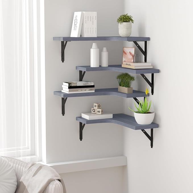 ROMGUAR CRAFT Corner Floating Shelves Wall Mounted Set of 4, Rustic Wood Storage Display Shelves for Home Decor, Bathroom, Kitchen, Bedroom, Living Room, Office (Grey)