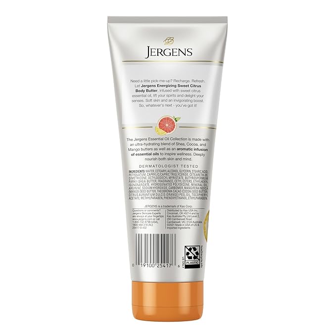 Jergens Sweet Citrus Body Butter, Hand and Body Lotion, Moisturizer for Women, Lotion with Essential Oil for Indulgent Moisturization, 7 Oz