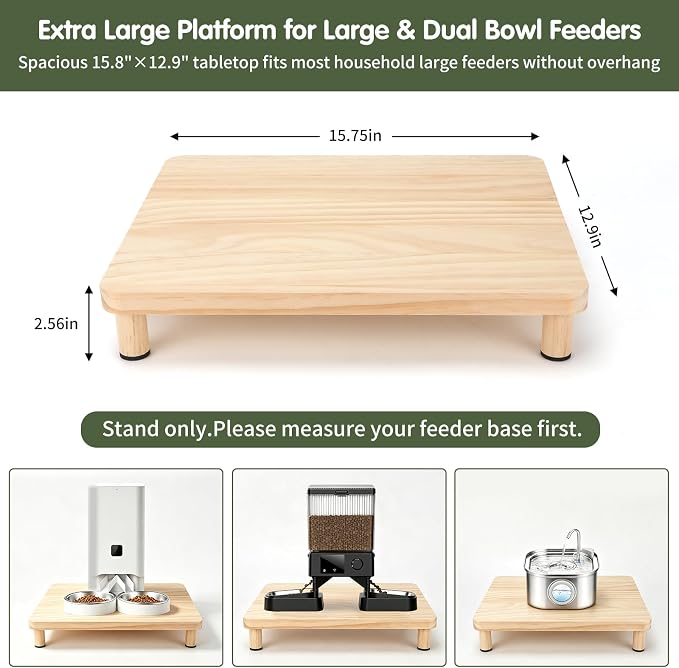 Extra Large Cat Food Stand, Wood Cat Feeder Stand 15.8 x 12.9 in | Cat Feeding Station, 2.56 in Raised Platform, Dual-Bowl Feeder & Water Dispenser Fit, Solid Wood, Tool-Free Assembly