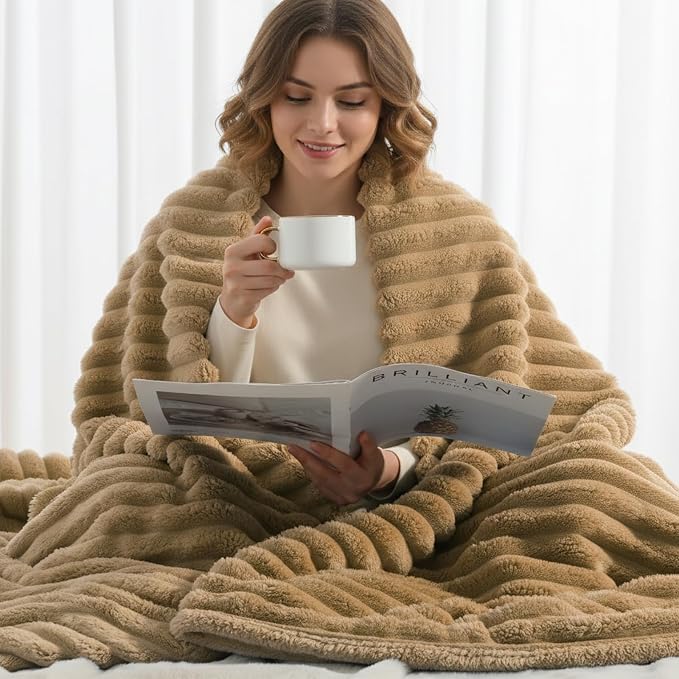 decorUhome Brown Fleece Throw Blanket 50x60 Inches | Soft Couch Cozy Fluffy Plush Flannel Striped Blanket for Sofa Bed, Lightweight Decorative Ribbed Fuzzy Blanket for Woman