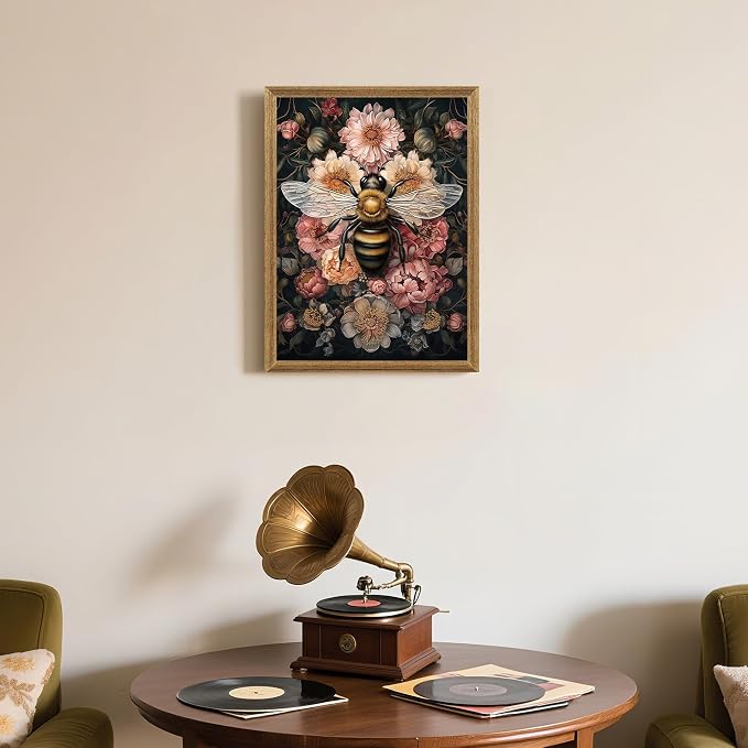 ICHZUMW Framed William Morris Bee Floral Vintage Canvas Wall Art 12x16 In | Dark Cottagecore Prints, Antique Aesthetic Bumblebee Wall Decor for Bedroom Living Room Bathroom Office, Ready to Hang