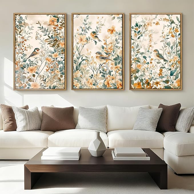 ANHUIB Large Vintage Floral Bird Framed Wall Art 16x24 Inch Beige Botanical Pictures Wall Decor Nature Wildflower Canvas Painting Set of 3 Retro Neutral Flower Artwork for Living Room Bedroom Barhroom