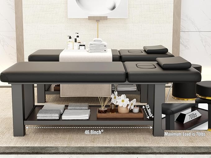 pouseayar Heavy Duty Durable Wide Stationary Massage Bed with Backrest, Professional Spa Facial Treatment Table, Metal Frame PU Leather Therapy Table(Segmented Structure)