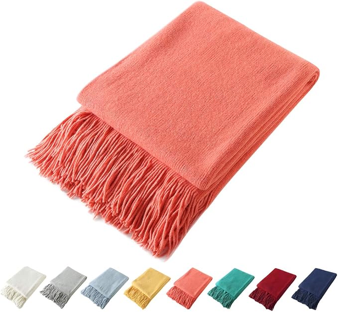 Homiest Orange Knitted Throw Blanket with Fringe, 50x60 Inch | Pure Acrylic, Lightweight & Breathable, All-Season Use, Machine Washable, Wrinkle & Fade Resistant, for Couch Sofa And Bed