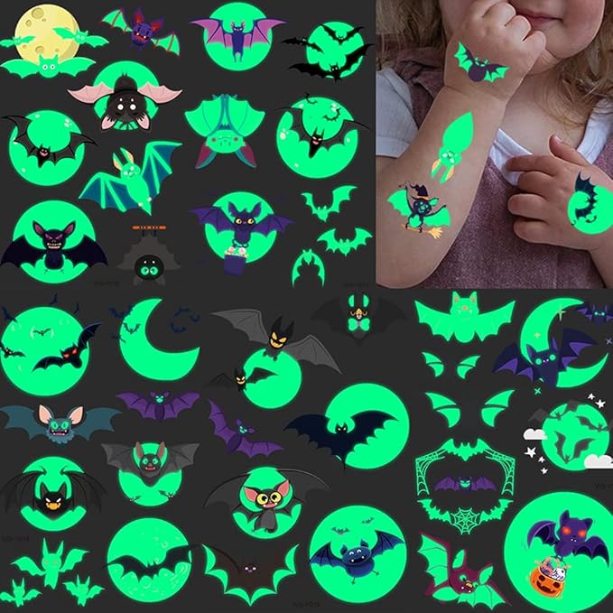 73PCS Luminous Halloween Bat Temporary Tattoos for Kids, Costume Makeup Glow in the Dark Fake Tattoo Stickers, Face Cosplay Holiday Party Favors Gifts for Adults Classroom School Prizes Reward