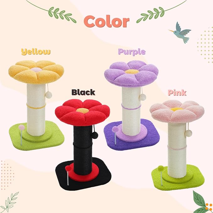 PEQULTI Flower Cat Scratching Post, Super Thick 5.5in Sisal Post, Pink | Small cat & kitten scratcher: removable flower bed, sisal + spring ball, enlarged double base; cute pink flower cat tree