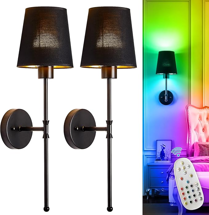 Depuley Battery Operated Wall Sconce: 24" Set of 2 Wireless Wall Lights with Remote for Bedroom - Rechargeable 15 Colors Black Wall Lamp for Living Room Hallway Home Decor