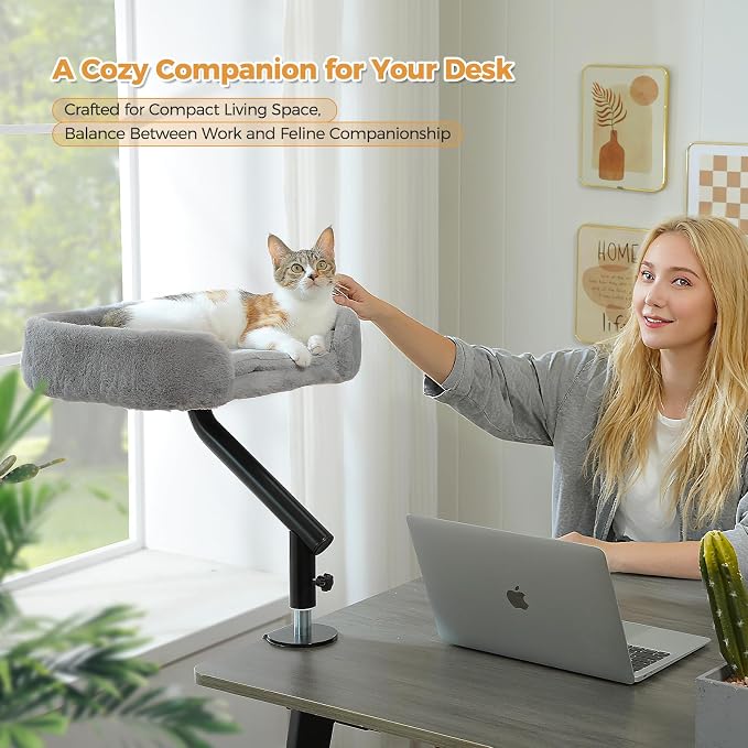 PAWZ Road Cat Desk Bed 360°Rotating Supports to 50 Lbs Cozy Nest for Desk | Elevated Desk Mount Cat Bed with Sturdy Clamp – Fits Desks & Tables, Padded Soft Nest for Cats, Holds Up to 50 lbs