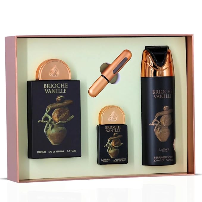 Lattafa Pride Brioche Vanille 3-Piece Gift Sets – Long Lasting Arabian Perfumes for Unisex – Eau de Parfum & Perfumed Spray – Elegant Ladies Perfume with Floral & Woody Scents – Premium Gift Box