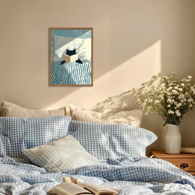 Framed Funny Black Cat Wall Art, Whimsical Cat in Stripe Bed Reading Wall Decor Painting Cute Animal Book Lover Poster Canvas Print for Bedroom Living Room 12x16 inch Wood Framed