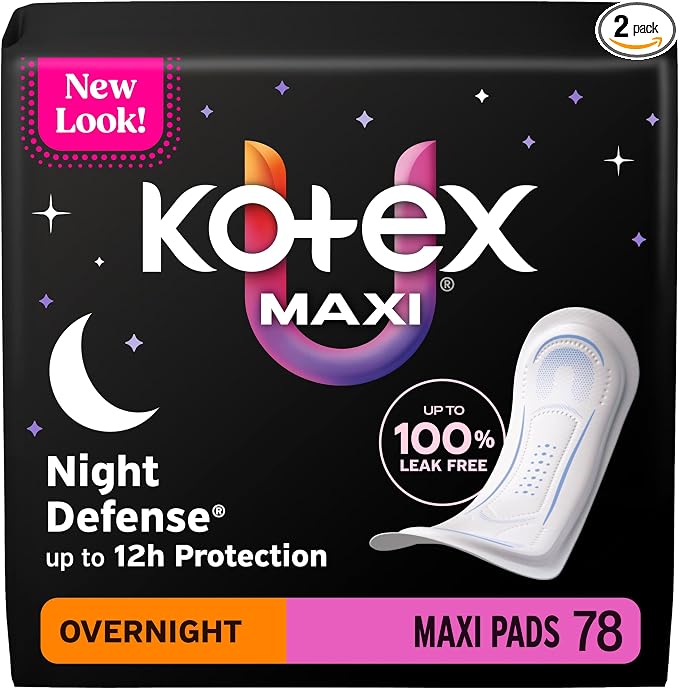 Kotex Overnight Maxi Pads, 78 Count (2 Packs of 39)(Packaging May Vary)