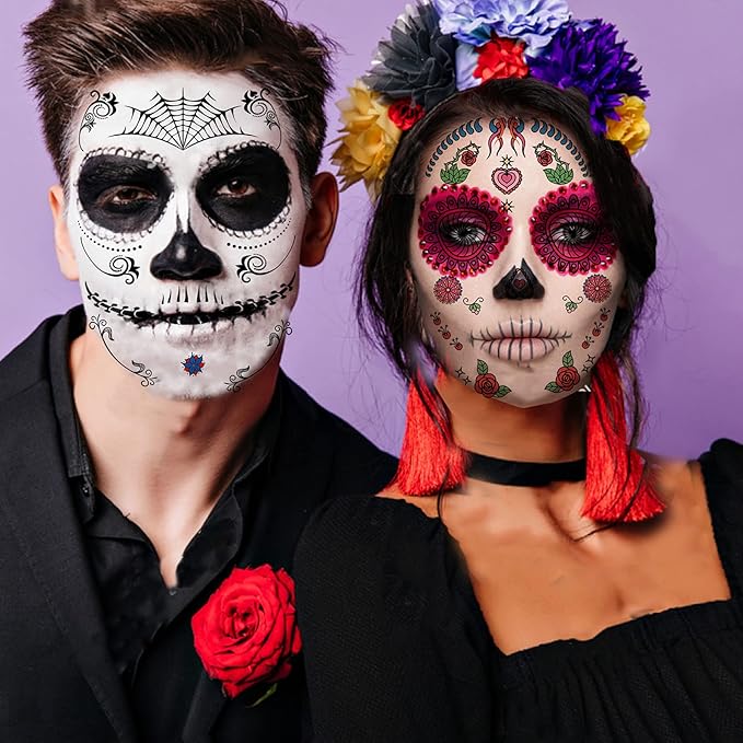 20 Sheets Day of the Dead Face Sugar Skull Tattoos,Including 8 Large Sheets Halloween Temporary Face Tattoos, Halloween Sugar Skull Face Tattoos