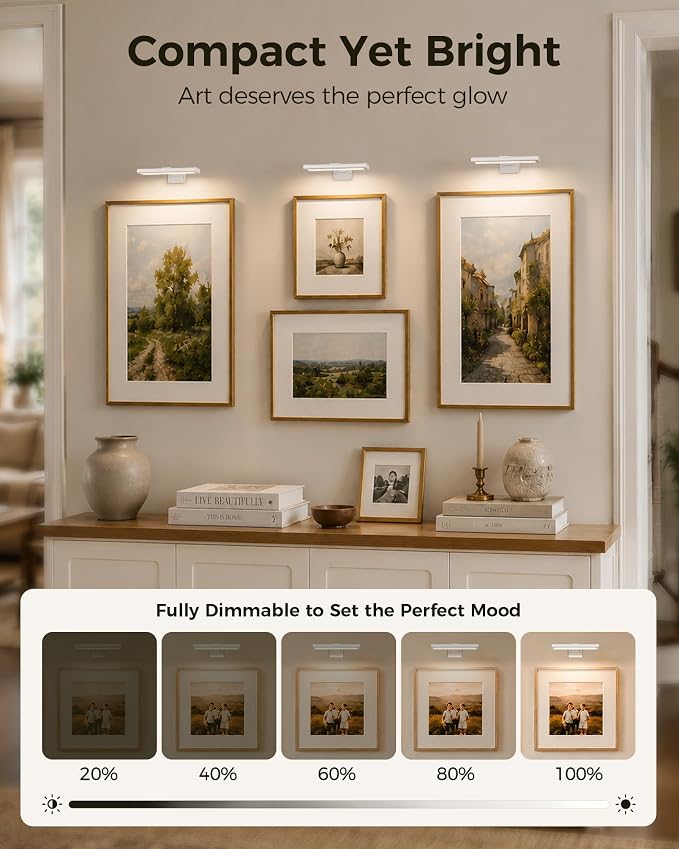 EZVALO Picture Light for Wall, Rechargeable 2400mAh Lights Wireless with IR Remote, 3 Color & Dimmable Magnetic 7.8'' LED Lights Display for Painting, Living Room, Gallery, Bedroom(White-3P)