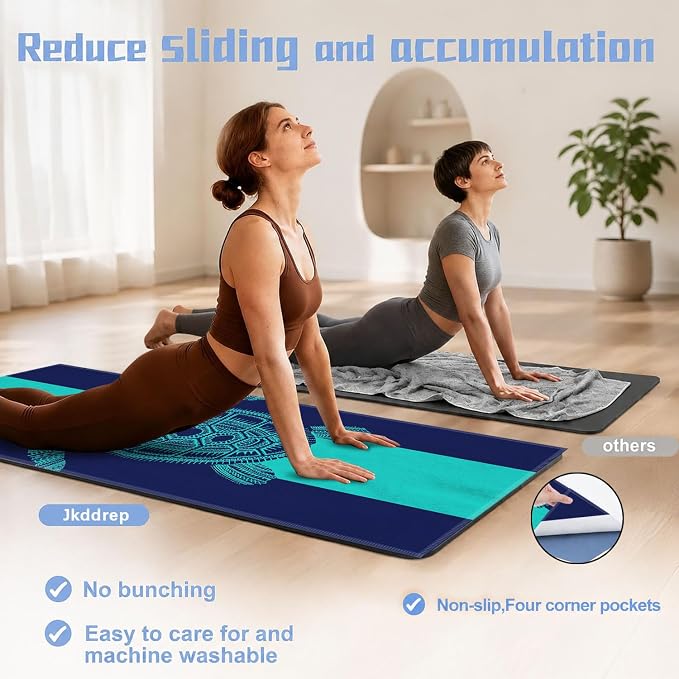 Yoga Mat Towel, Hot Yoga Non Slip with 4 Corner Pockets, 70 x 26 in | Soft Absorbent Microfiber With Four Corner Pockets, Fits Over Yoga Mats For Hot Yoga, Pilates, Gym, And Travel