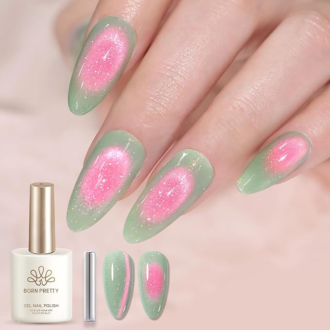 Born Pretty Reflective Glitter Cat Magnetic Eye Gel Nail Polish 15ML,Green Pink Guava Colors Glitter Sparkly Shiny Disco DJ LED Magnetic Gel Polish Sparkly Shiny U V Gels for Home Salon