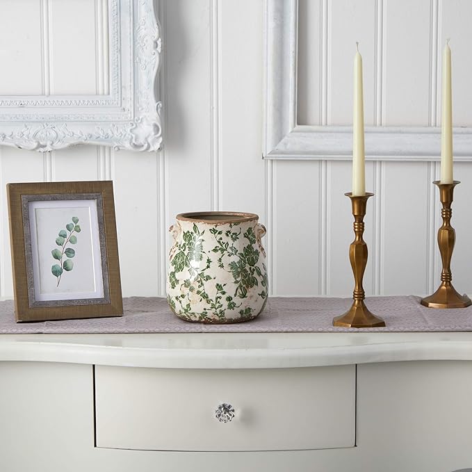 Nearly Natural 6.5 in Tuscan Ceramic Green Floral Scroll Decorative Vase | Quality Ceramic, Indoor Home Decor, Ideal for Centerpieces, Tables, Small Flower Vases