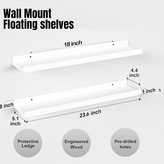 Boswillon Floating Shelves Set of 2, Long Wall Shelf with Lip, 24in, White | Display Ledge Shelf for Room Wall, Wall Decor Shelves for Bathroom, Living Room, Bedroom, Kitchen, Nursery Room, Modern, Wood