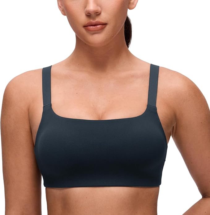 CRZ YOGA Butterluxe Adjustable Wide Strap Sports Bras for Women - Square Back Padded Scoop Neck Yoga Top
